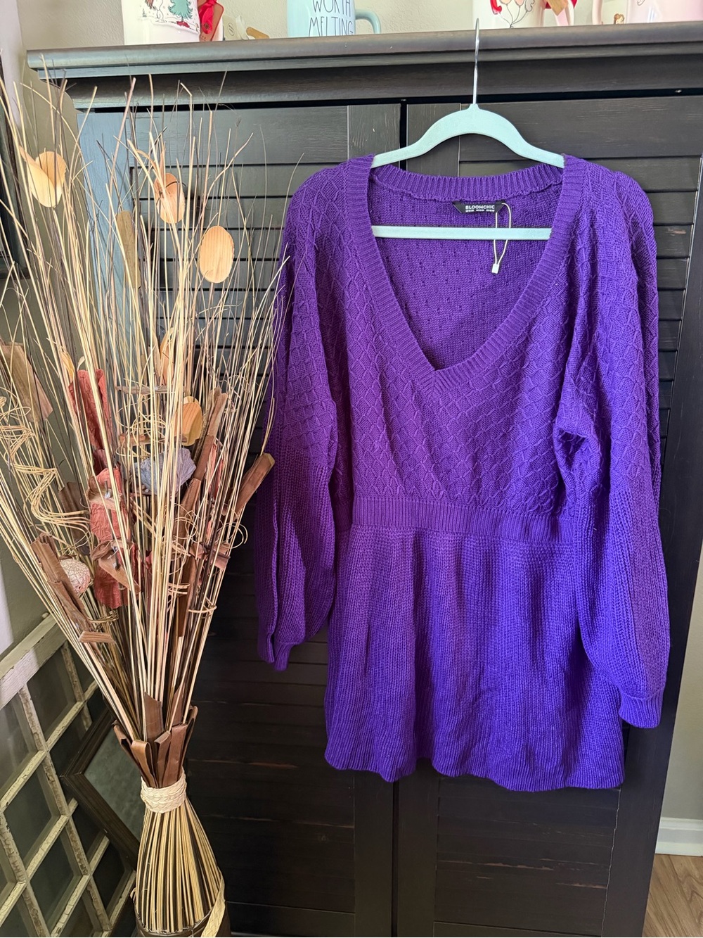 BloomChic Deep Purple V-Neck Textured Knit Tunic Sweater